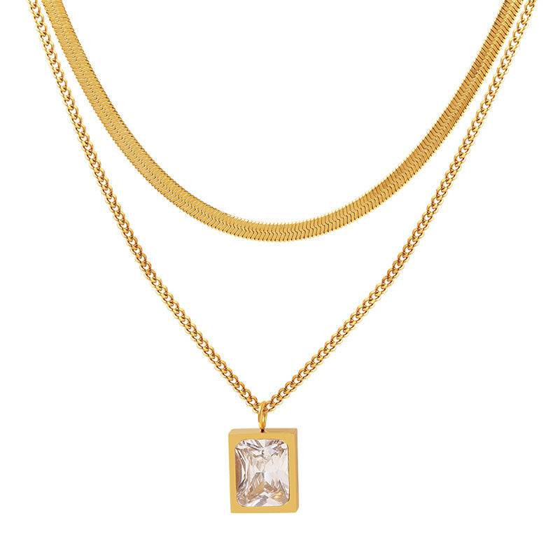 Zirconia cube pendant with double chain | Titanium steel jewelry in 18K gold or high-gloss silver - Stackable statement
