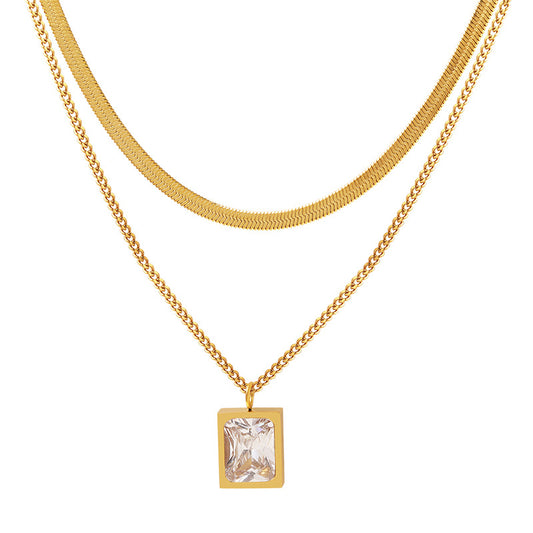 Zirconia cube pendant with double chain | Titanium steel jewelry in 18K gold or high-gloss silver - Stackable statement