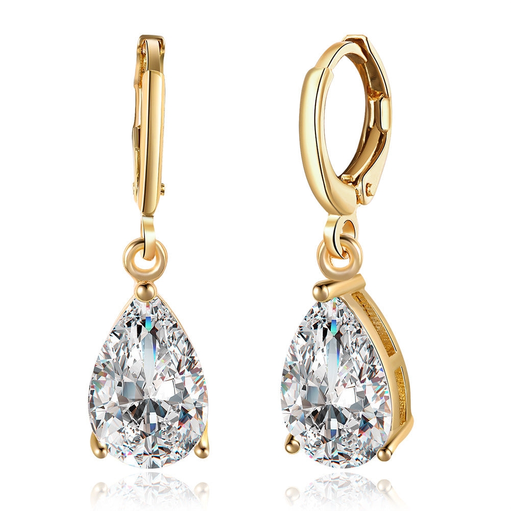 Teardrop zirconia ear clips - copper gold-plated (2.8 cm length)