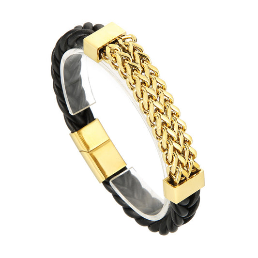 Double-row leather bracelet with titanium steel chain – magnetic clasp for men