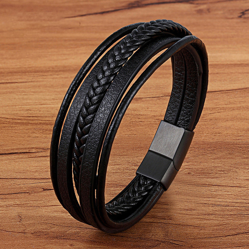 5-lagiges Titanstahl Lederarmband - Schwarz geflochtener Herrenschmuck - Robustes Naturleder-Armband mit Metallakzent