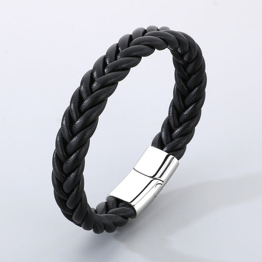 Simple leather bracelet for men with stainless steel – hand-braided & minimalist