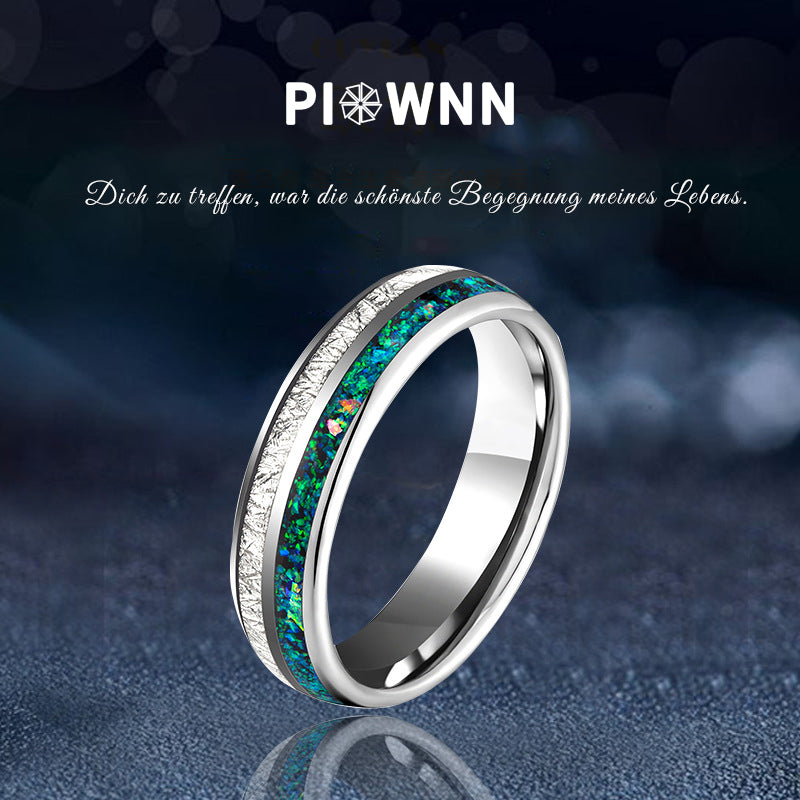 Wolframcarbid-Ring mit Sternenstaub-Silberfolie & Opaleinlage – 6 mm, unisex, gravurfähig