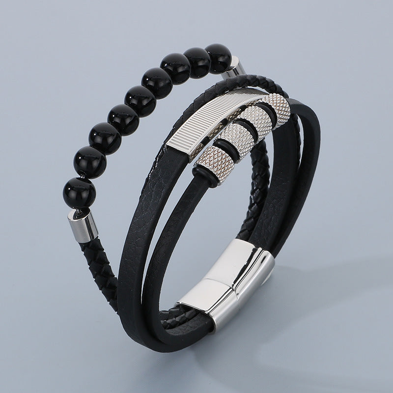 Vintage leather bracelet for men with volcanic stone & magnetic plate – multi-layer microfiber braiding