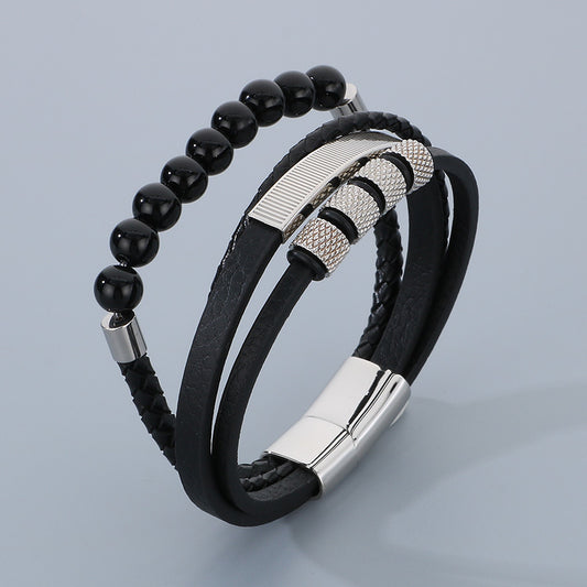 Vintage leather bracelet for men with volcanic stone & magnetic plate – multi-layer microfiber braiding