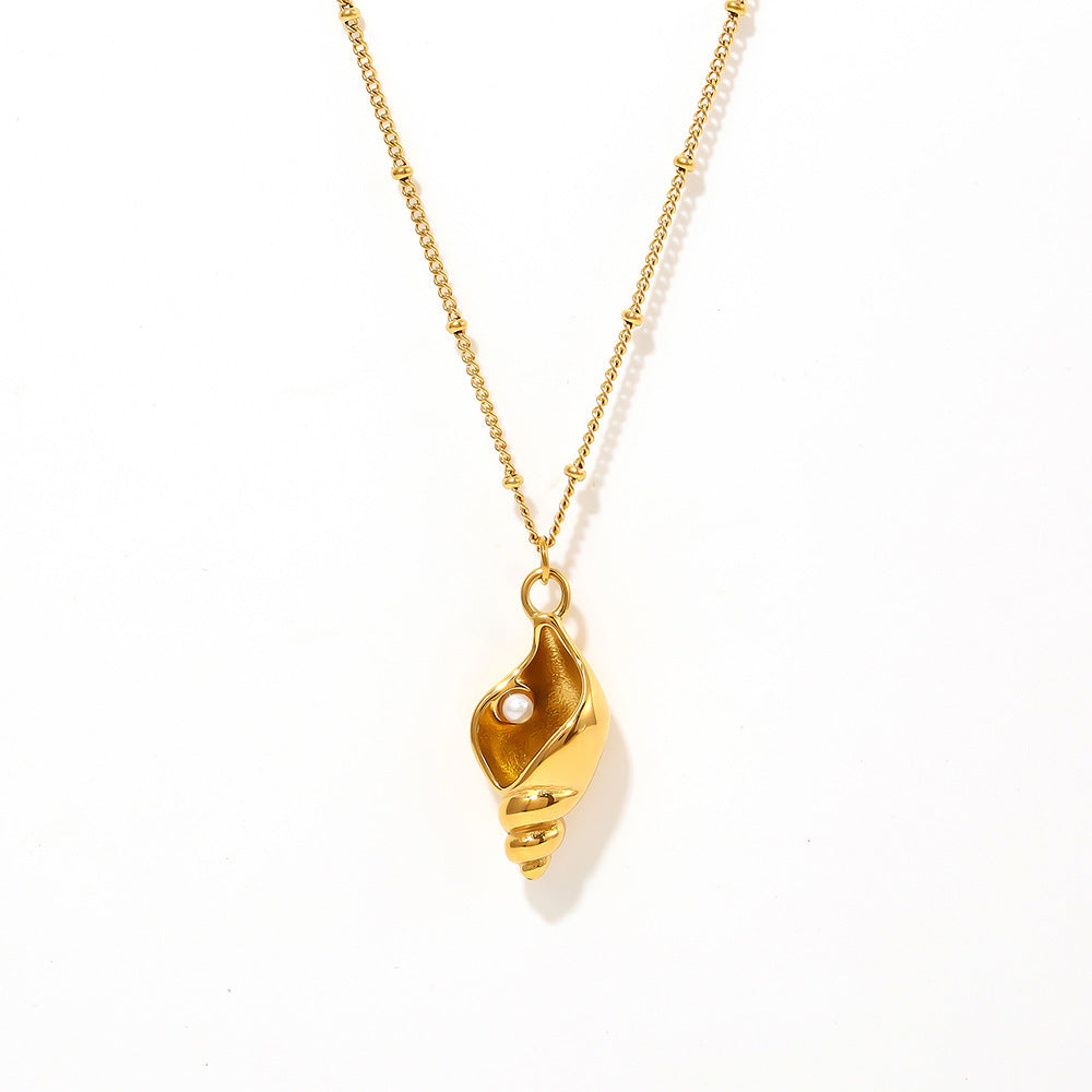 Snail shell pendant necklace with faux pearl | Stackable stainless steel set - 18k gold or high-gloss silver finish