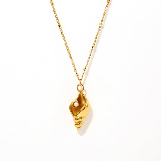 Snail shell pendant necklace with faux pearl | Stackable stainless steel set - 18k gold or high-gloss silver finish