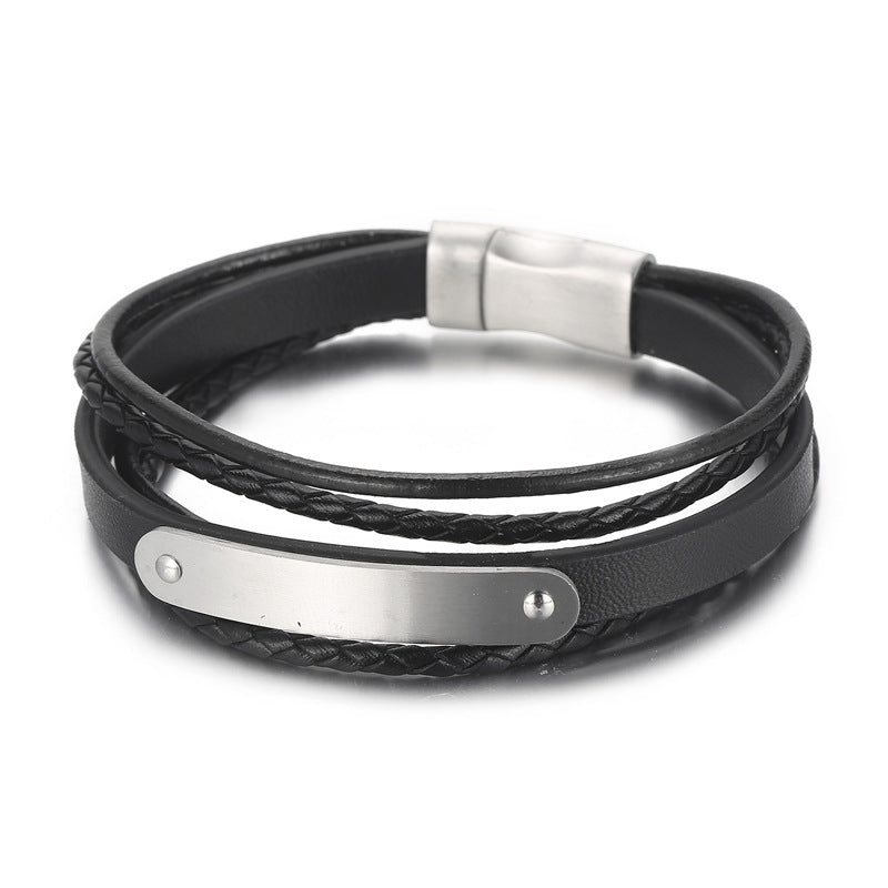 Multi-layered leather bracelet with stainless steel & magnetic plate – hand-woven unique jewelry