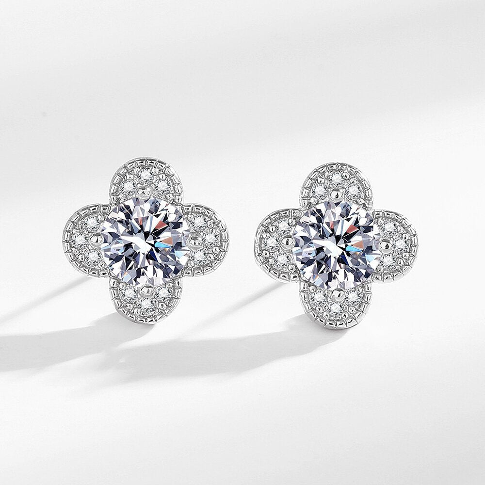 Lucky clover earrings with zirconia - copper rhodium-plated (white gold look)