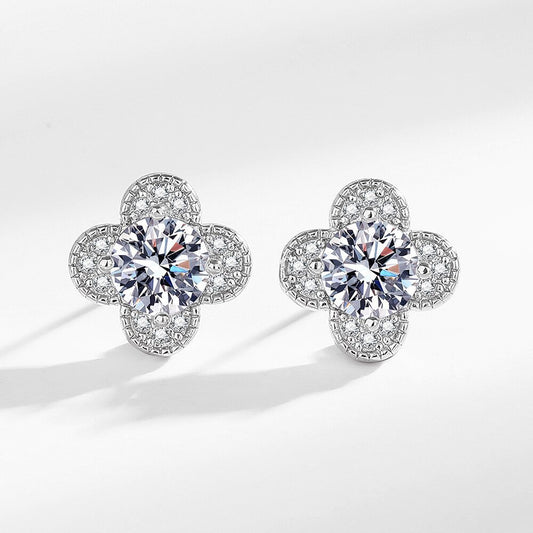 Lucky clover earrings with zirconia - copper rhodium-plated (white gold look)
