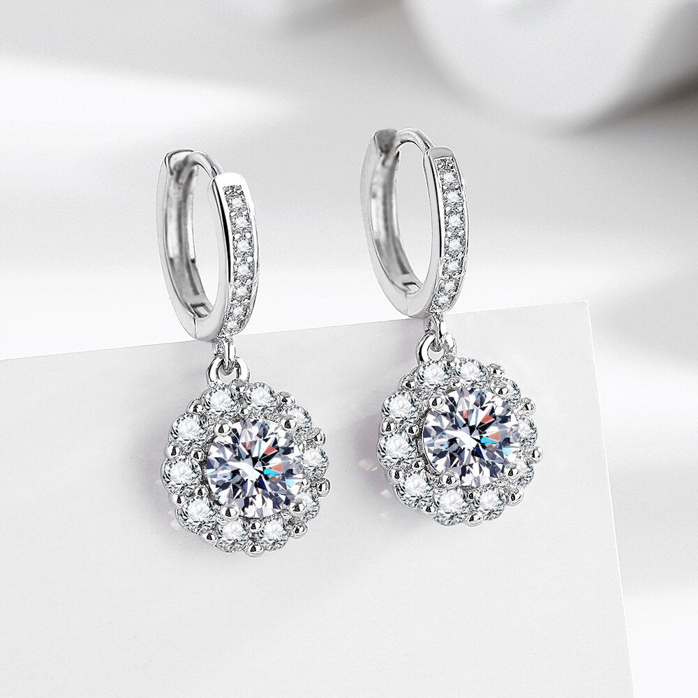 Flower earrings with zirconia - copper rhodium-plated (white gold look)