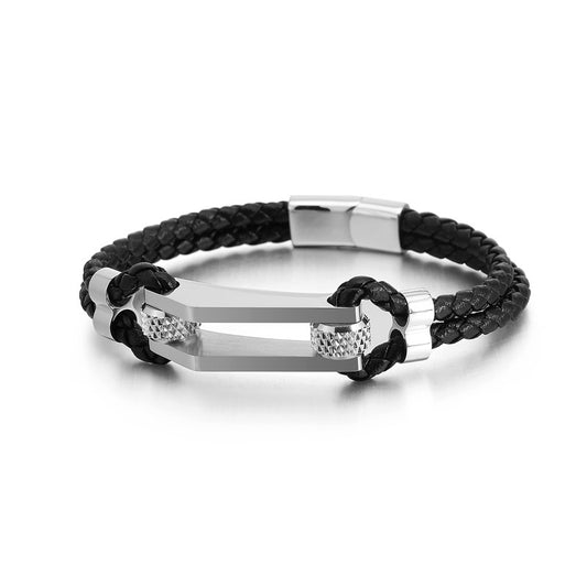 Stainless steel bracelet with double leather braid – titanium steel accents for urban style