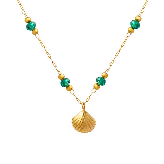 Delicate crystal pearl pendant with shell design – 18K gold-plated stainless steel