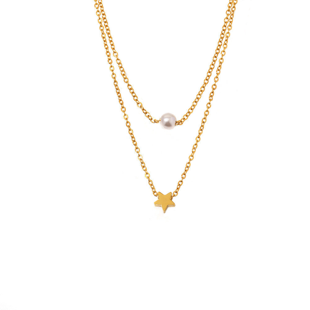 Star double chain with imitation pearls – 18K gold-plated stainless steel or silver look for stylish layering