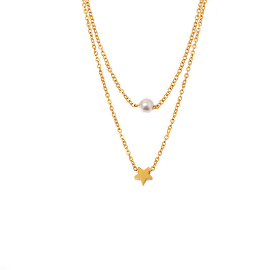 Star double chain with imitation pearls – 18K gold-plated stainless steel or silver look for stylish layering