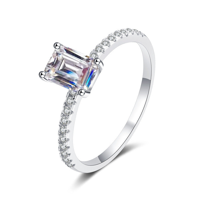 Radiant-cut cubic zirconia ring with 4-claw setting | 1ct main stone (5x7mm) in pavé sterling silver with rhodium plating