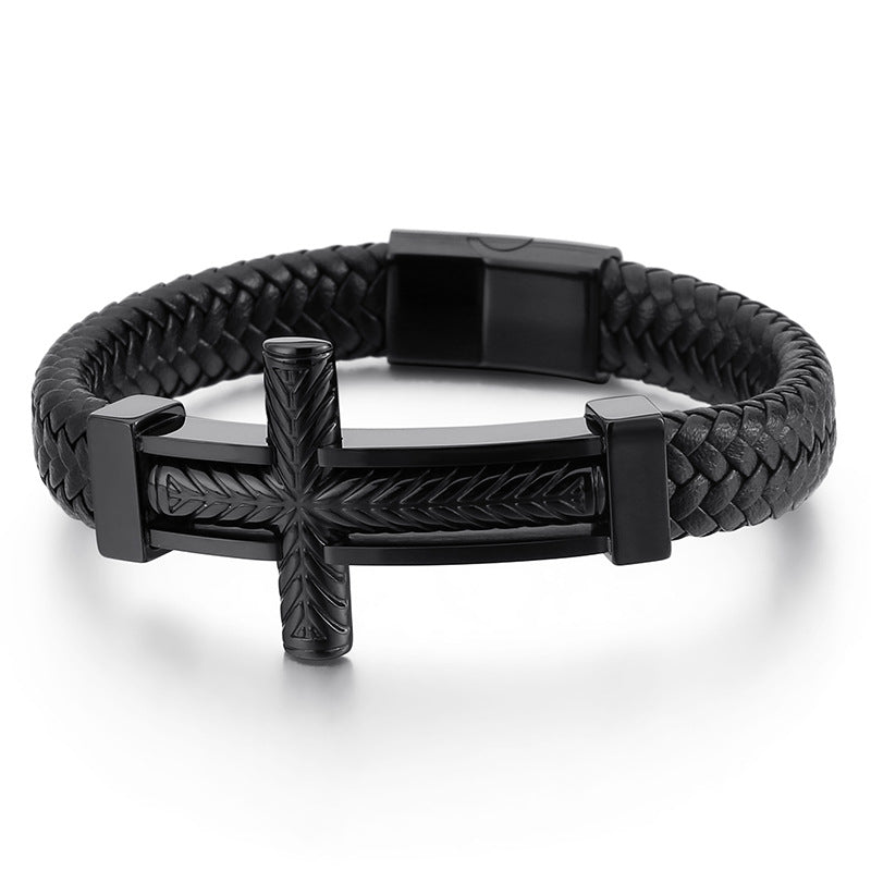 Men's braided leather bracelet with stainless steel cross – Robust men's bracelet