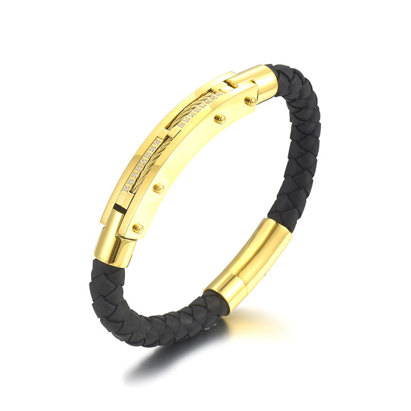 Men's bracelet with steel wire inlay – braided stainless steel leather strap