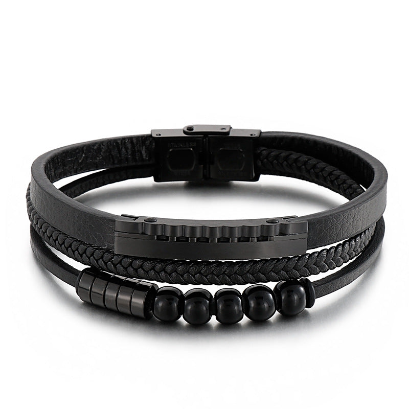 Multi-layer braided leather bracelet with stainless steel & geometric beads – Handmade unique jewelry