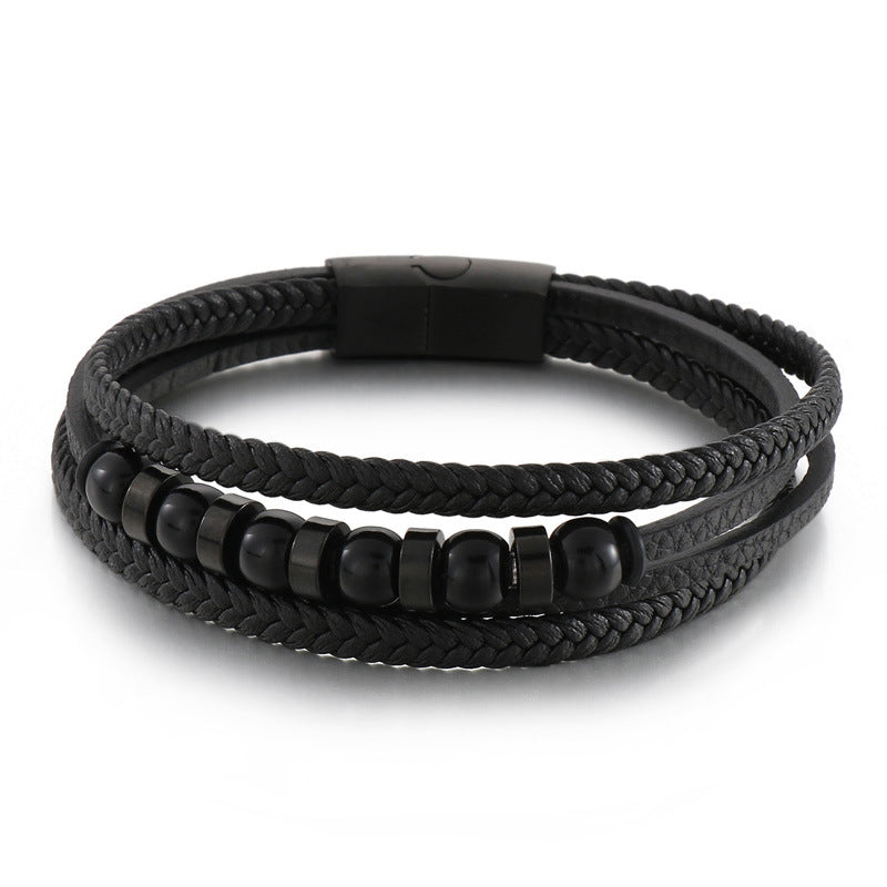 Multi-layered black leather bracelet with stainless steel accents – Hand-woven unique jewelry