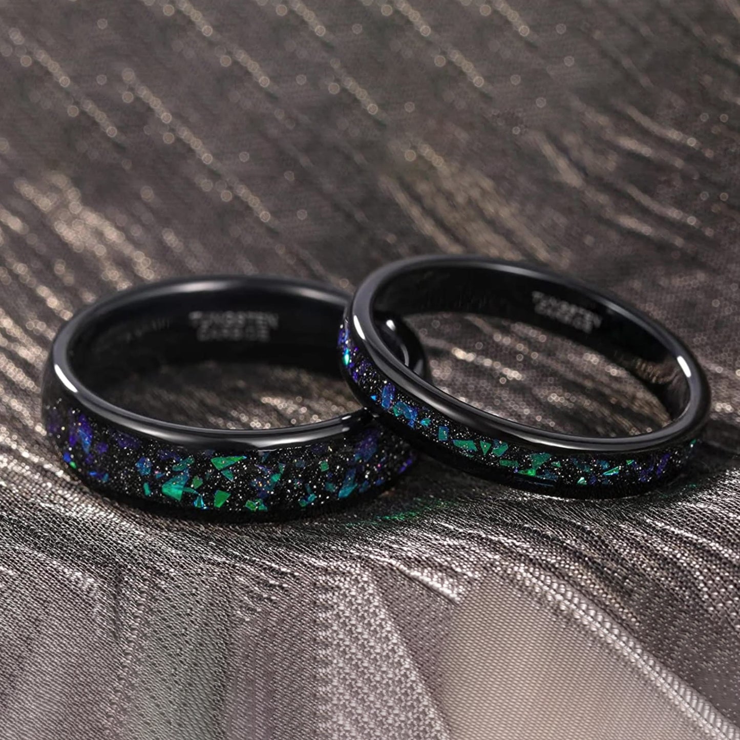 Wolfram-Partnerringe mit blauer Opal-Einlage