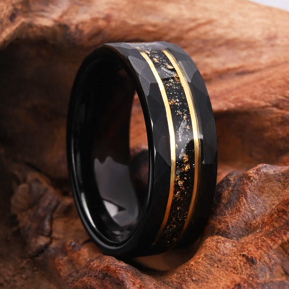 PIOWNN® 8mm Wolframcarbid Ring - Meteorit mit Goldfolie & Zirkonia