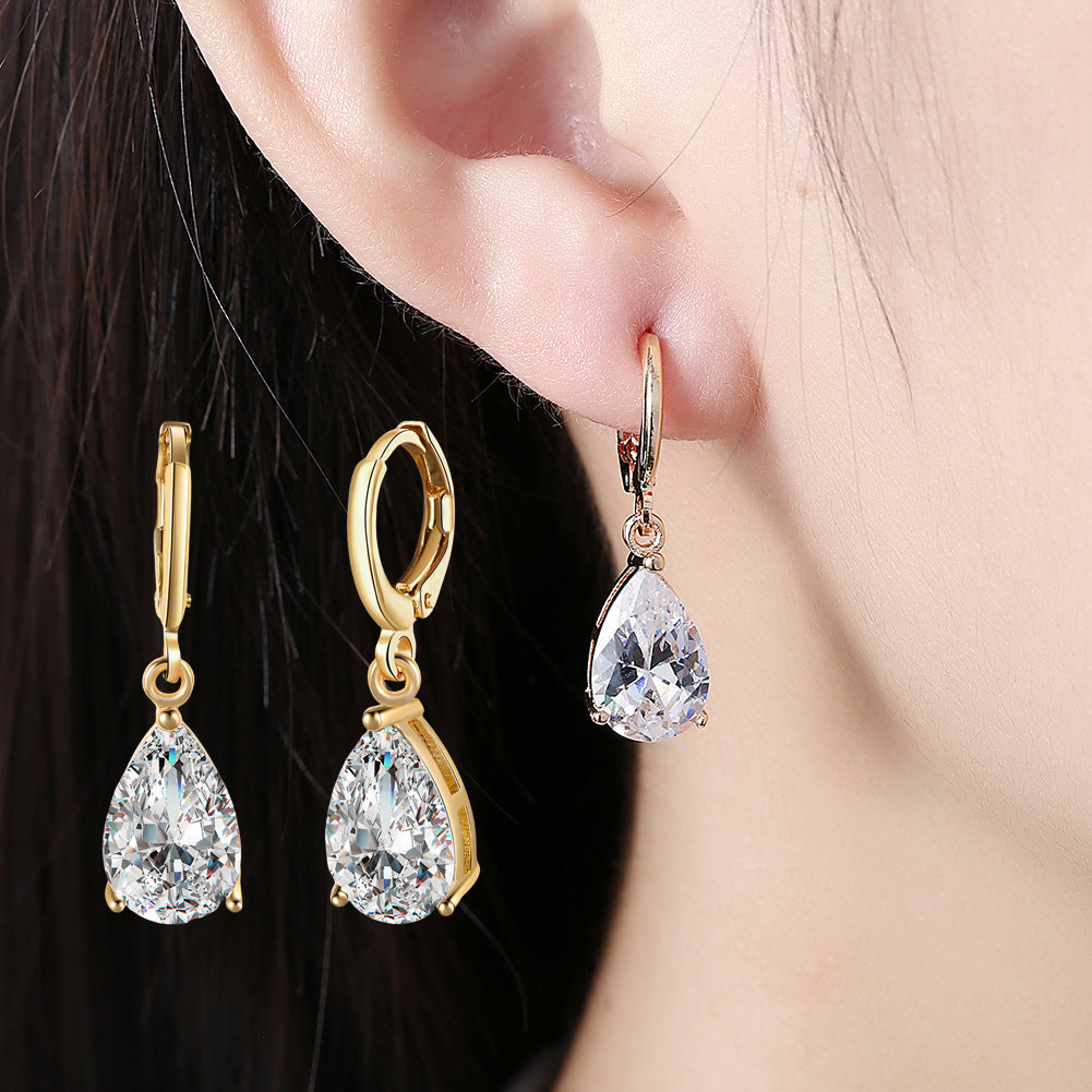 Teardrop zirconia ear clips - copper gold-plated (2.8 cm length)