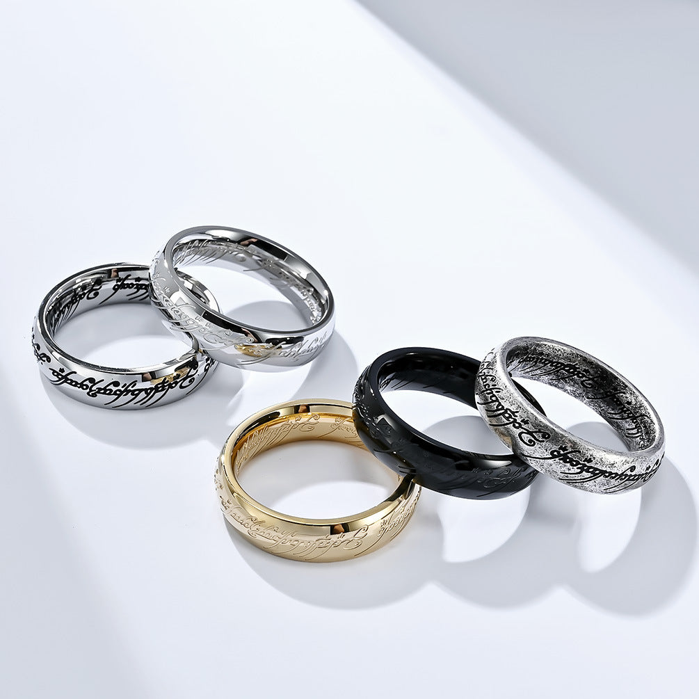 Lord of the Rings Ring - Titanium Steel Middle-earth Replica with Elven Inscriptions - Movie-Accurate Dark Edition