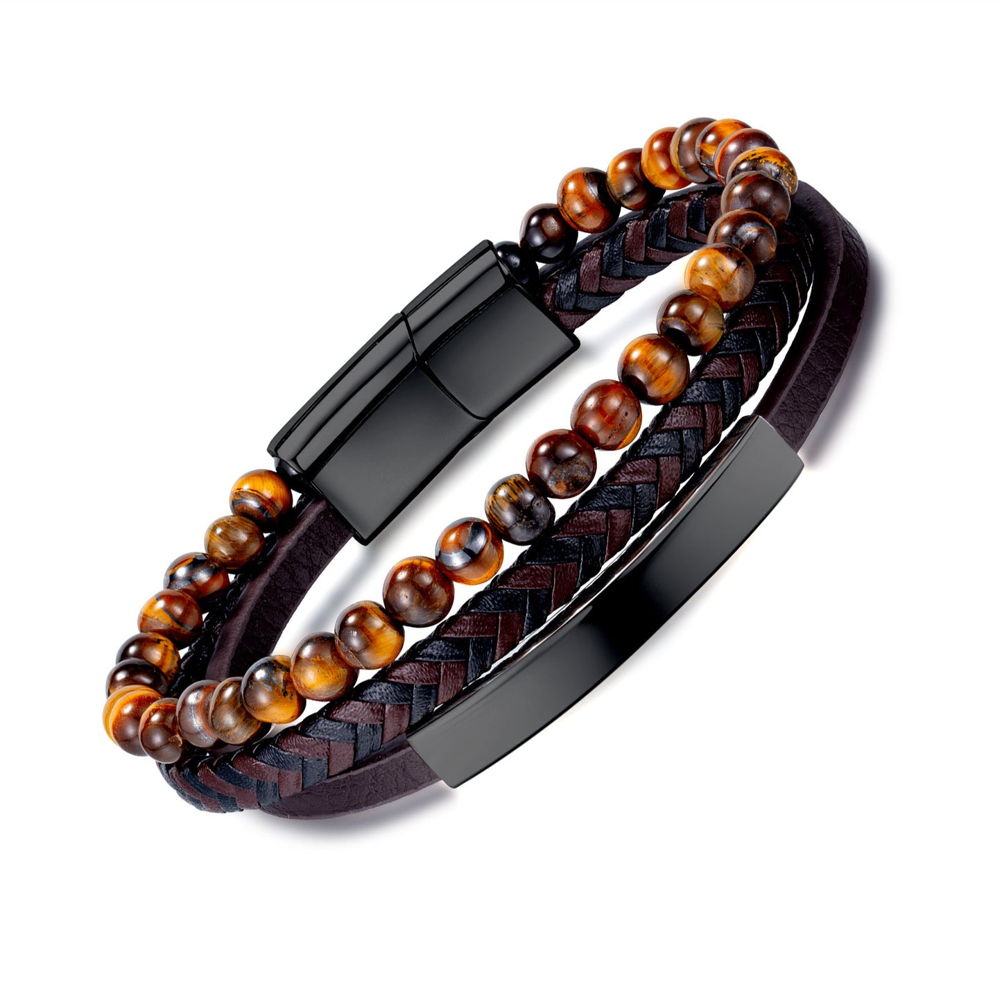 Braided leather bracelet with tiger eye for men – multi-layer design