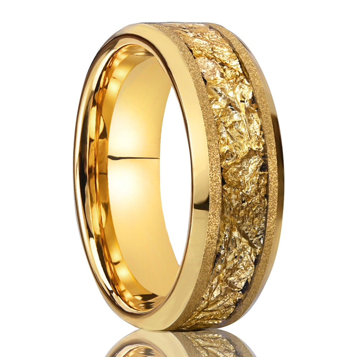 Herrenring aus Wolframcarbid, 8 mm, goldfarben sandgestrahlt und plattiert, mit eingelegter Goldfolie