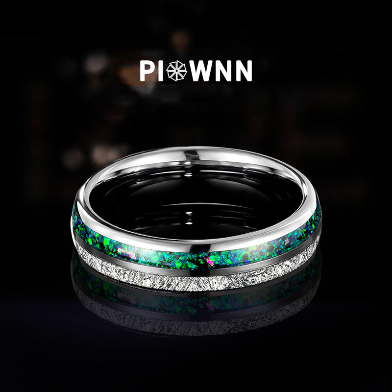 Wolframcarbid-Ring mit Sternenstaub-Silberfolie & Opaleinlage – 6 mm, unisex, gravurfähig