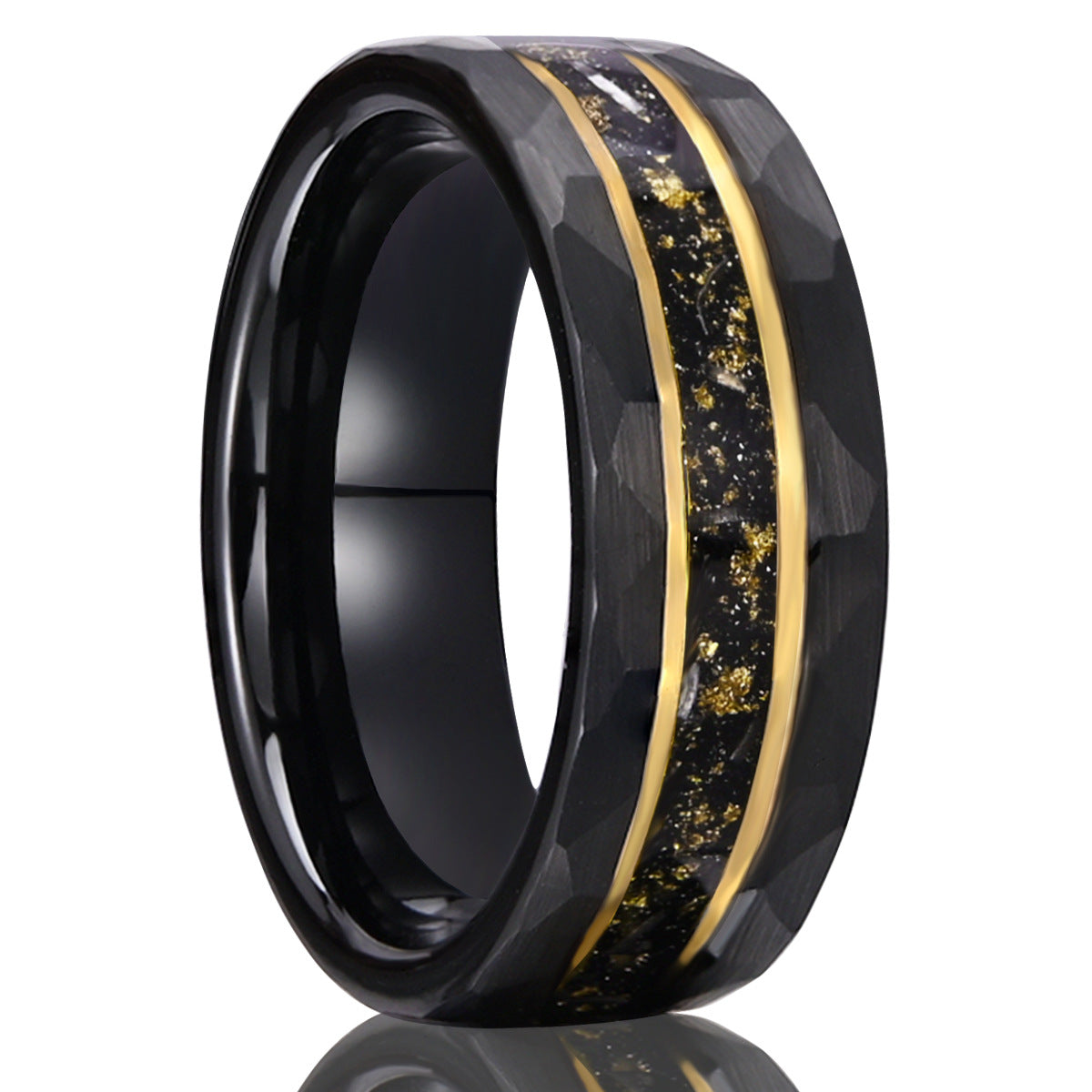 PIOWNN® 8mm Wolframcarbid Ring - Meteorit mit Goldfolie & Zirkonia