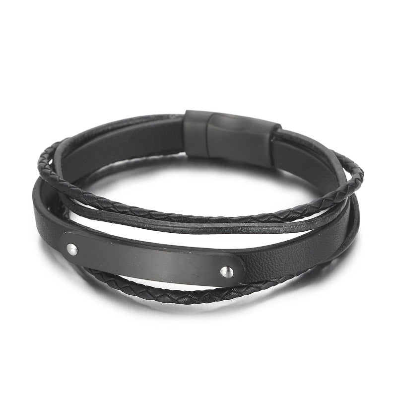 Multi-layered leather bracelet with stainless steel & magnetic plate – hand-woven unique jewelry
