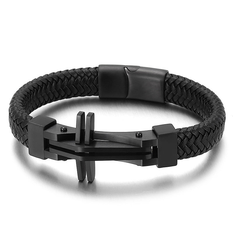 Men's stainless steel bracelet with cross pendant and leather braiding | Hypoallergenic