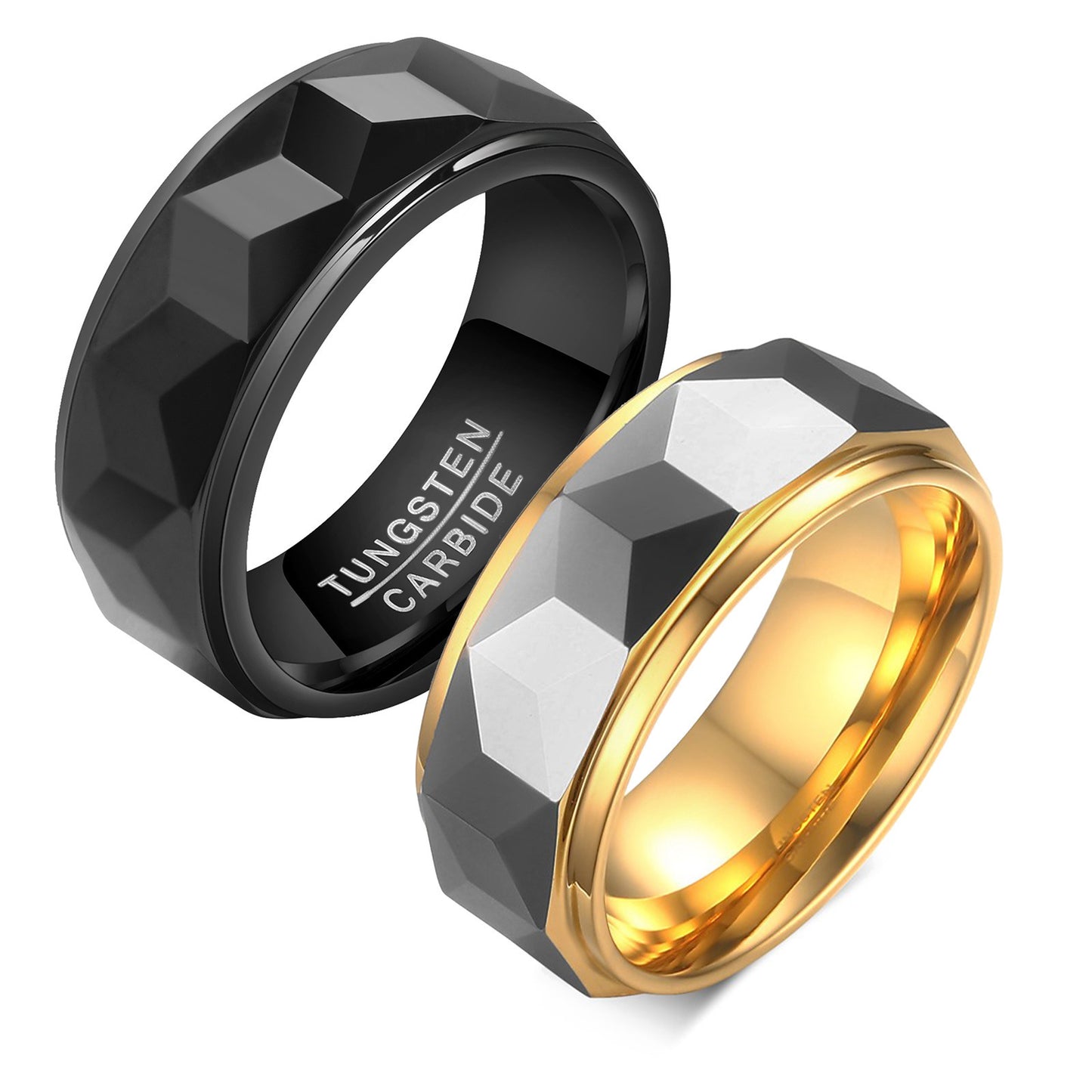 Wolframcarbid-Ring mit Facettenschliff und Goldakzent – Gravurfähiger Herrenring, ideales Geschenk