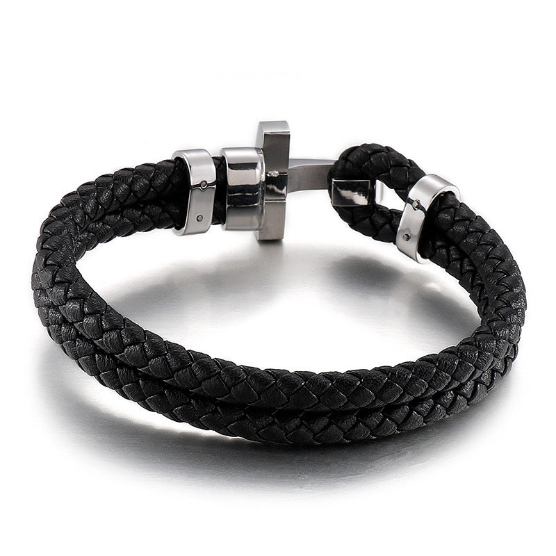 Stainless steel bracelet for men – stylish leather braid with geometric clasp