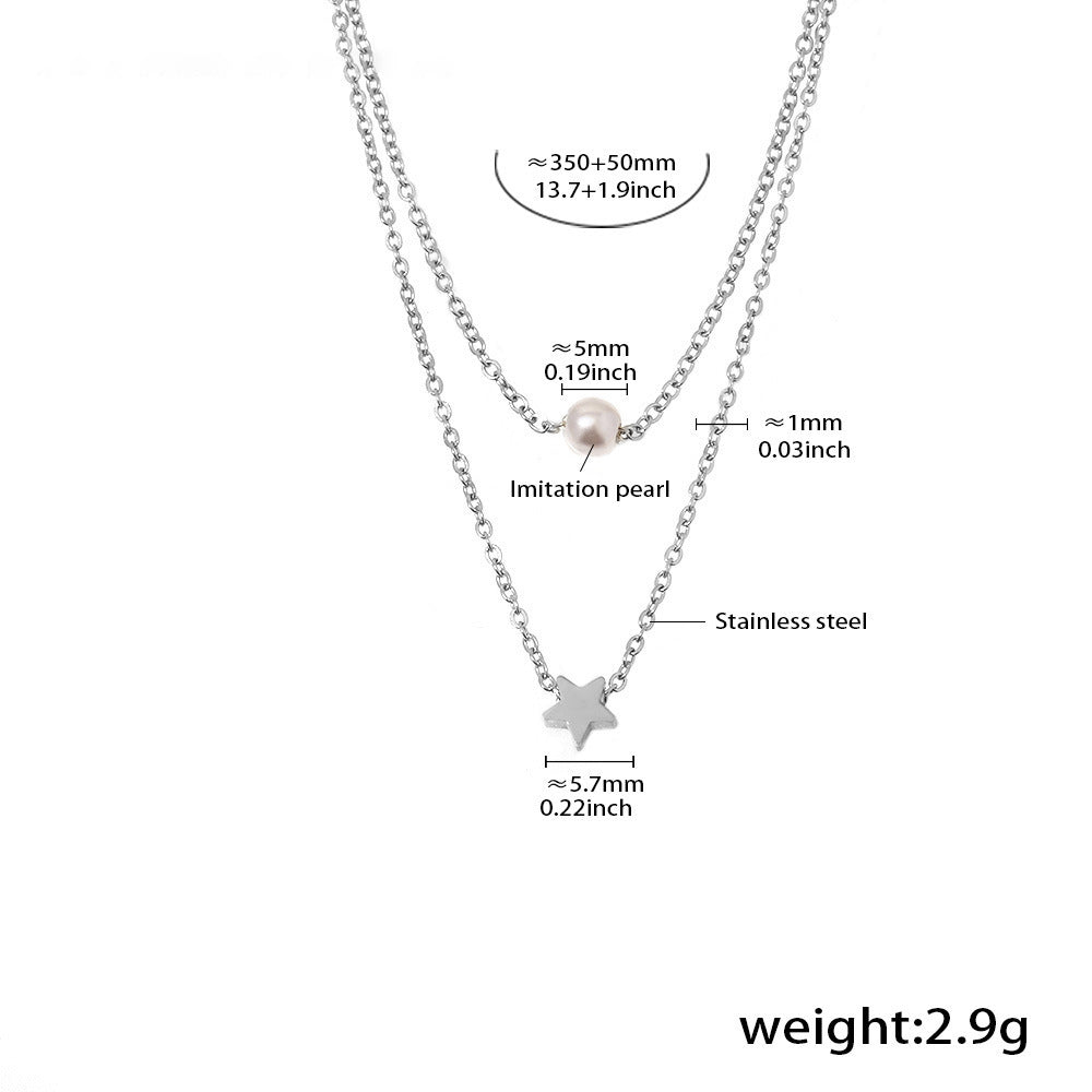 Star double chain with imitation pearls – 18K gold-plated stainless steel or silver look for stylish layering