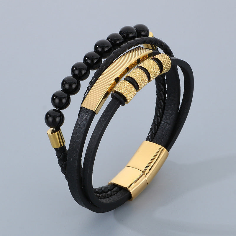 Vintage leather bracelet for men with volcanic stone & magnetic plate – multi-layer microfiber braiding