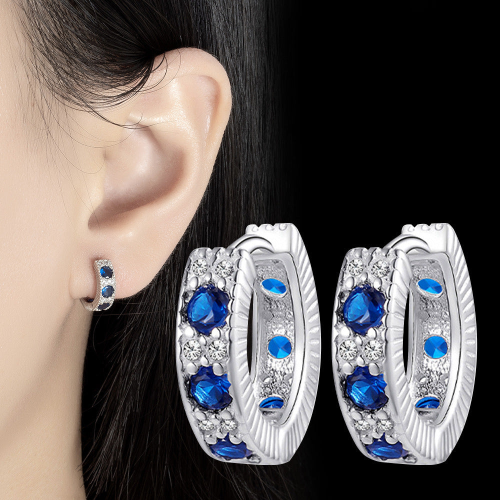 Retro-vintage earrings with blue zirconia - copper rhodium-plated (18K white gold look), Ø1.2cm x 0.4cm