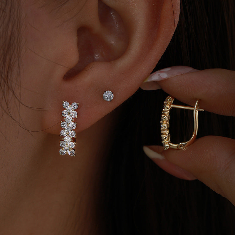 14K gold-plated flower stud earrings with zirconia | Copper alloy | 1.7 cm
