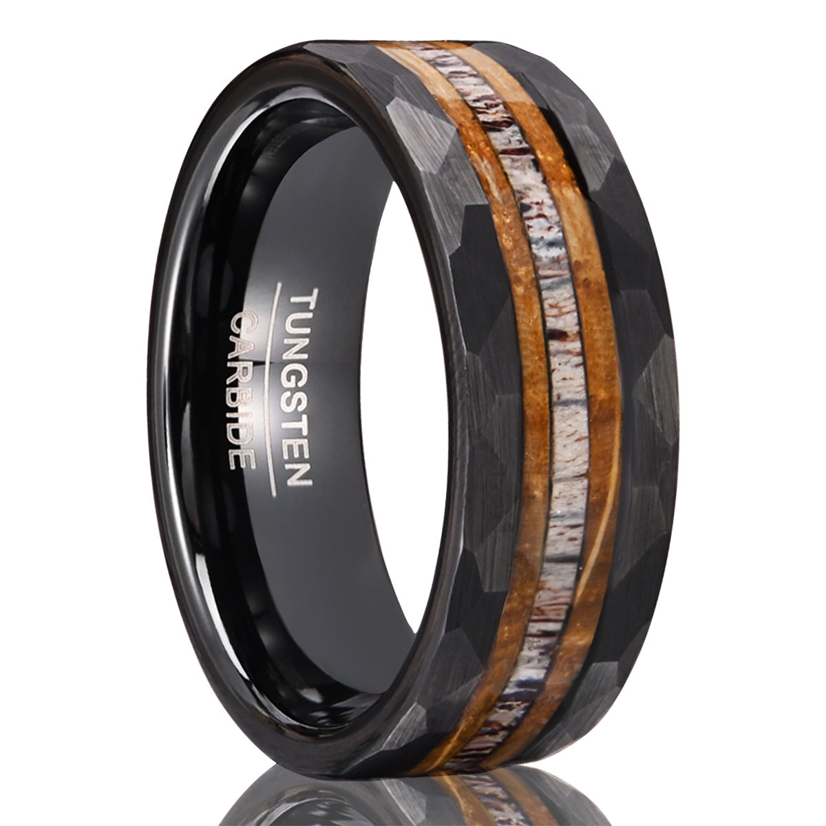 PIOWNN 8mm Wolframcarbid Ring - Schwarz beschichtet mit Hirschhorn