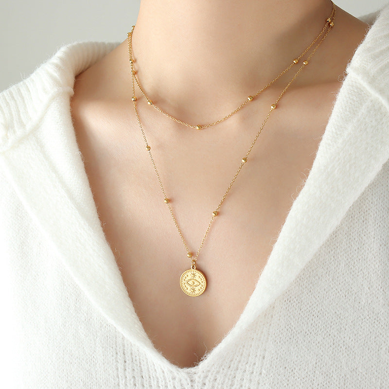 French Vintage Eye Pendant – Double Layered Necklace in Gold or Silver