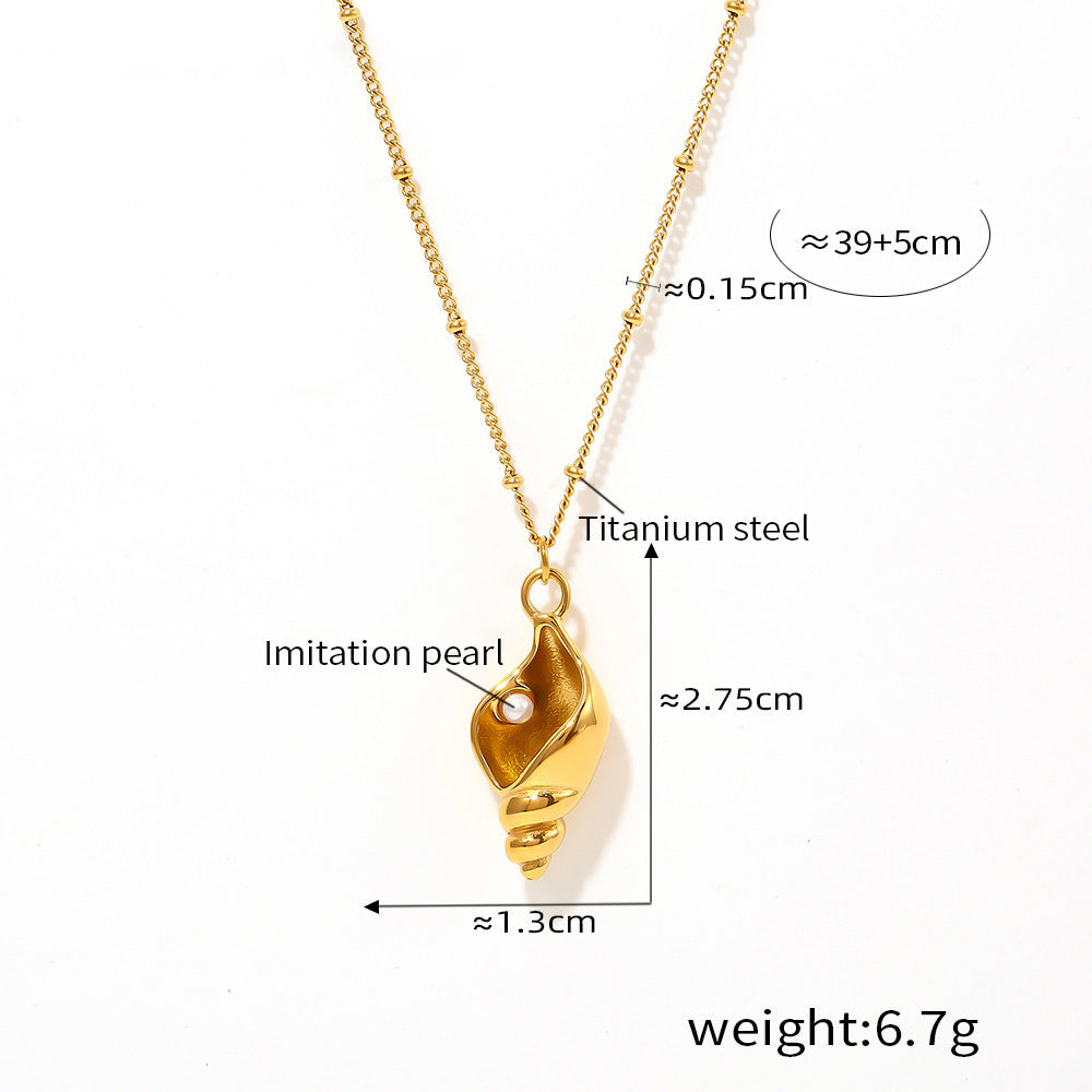 Snail shell pendant necklace with faux pearl | Stackable stainless steel set - 18k gold or high-gloss silver finish