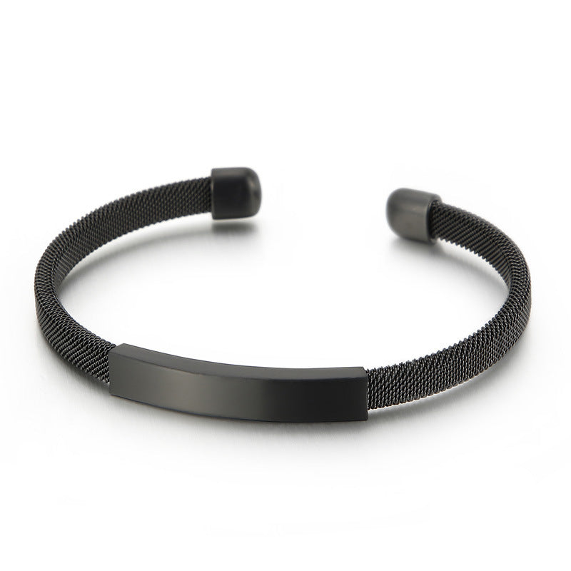 Minimalist men's stainless steel bracelet – Lightweight C-shaped mesh design with curved metal plate