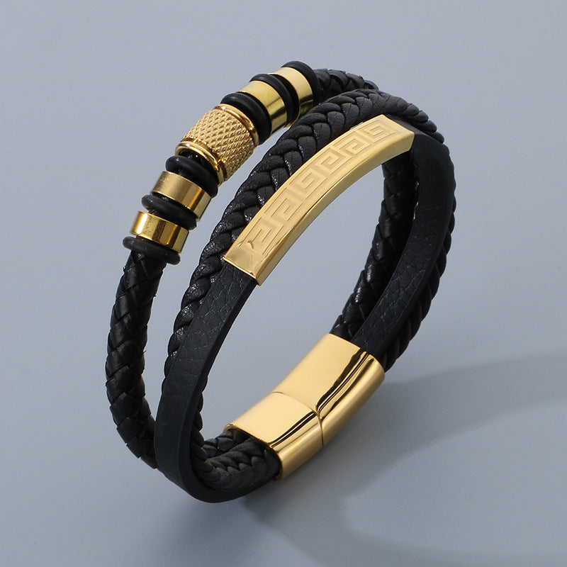 Men's titanium steel bracelet - multi-layer leather braid with curved stainless steel sheet and magnetic clasp