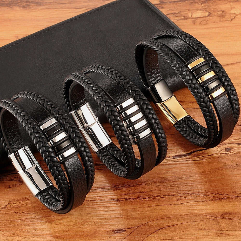 Multi-row leather bracelet with stainless steel - Handmade men's jewelry - Rustic unisex design