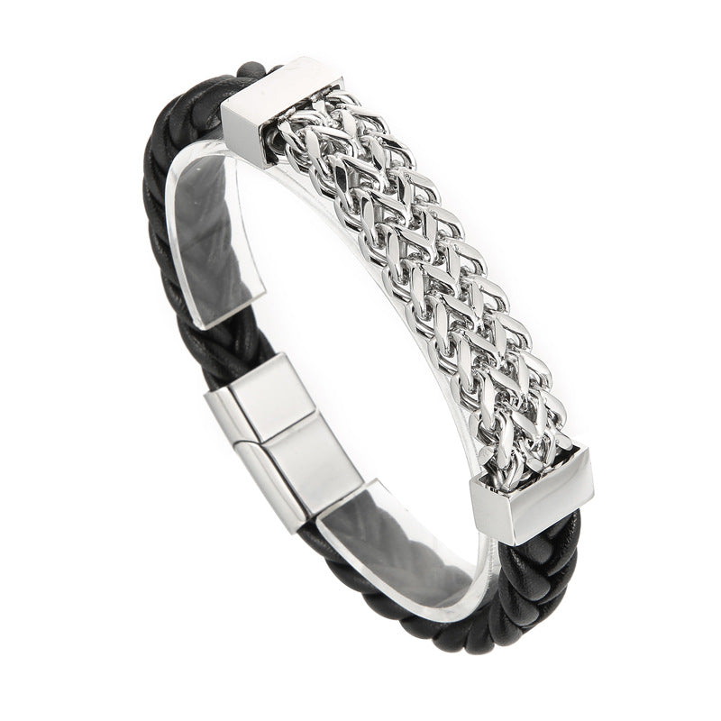 Double-row leather bracelet with titanium steel chain – magnetic clasp for men
