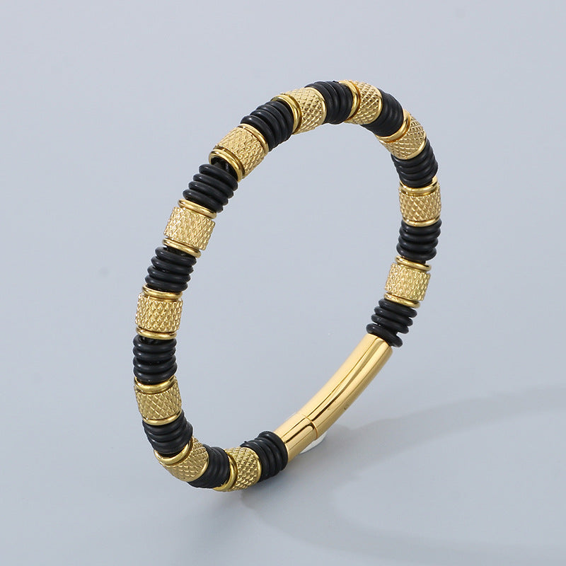 Stainless steel bracelet for men with microfiber leather insert – Timeless pearl design for business & leisure