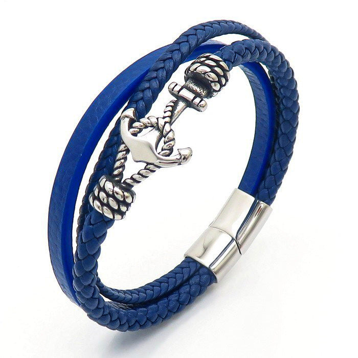 Maritime leather bracelet with stainless steel anchor charm – multi-layered hand-braided