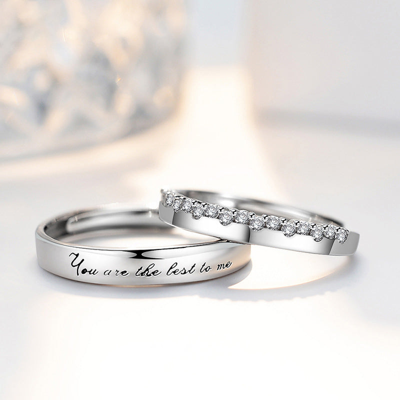 S925 Sterling Silver 'You Are The Best To Me' Couple Rings - Adjustable Size, Rhodium-plated White Gold Finish with Sparkling Zirconia Stones